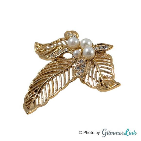 Vintage Filigree Openwork Leaf Trio Faux Pearl Rhinestone Gold Tone Brooch - Picture 3 of 8